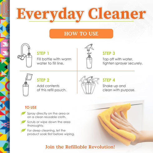 Everyday Cleaner - All Purpose Natural Spray, Household Cleaning Supplies - 16oz Empty Bottle, 2 Refills (3 oz each)