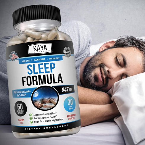 Kaya Naturals Sleep Support Formula with Melatonin - 60 Capsules - Aid Support Vitamin Supplement for Sleep, Stress,