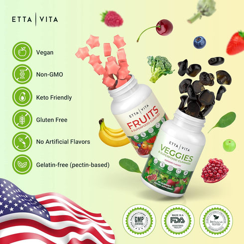 (120 Chews) Fruits and Veggies Supplement - Superfood Gummies with 9 Superfruits & 30 Veggies, Non-GMO