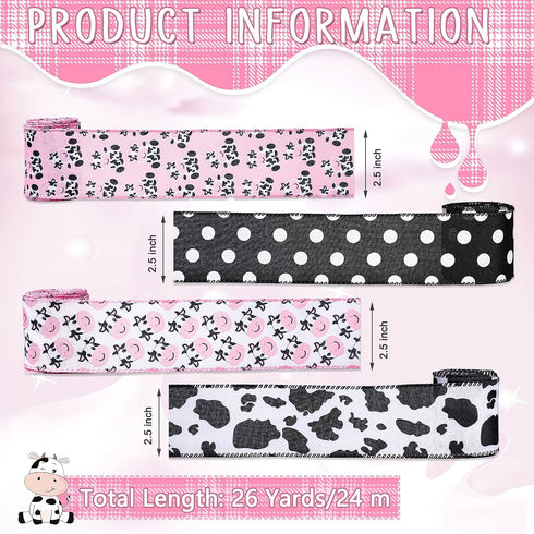 4 Rolls Cow Print Wired Ribbon, 24 Yard, 2.5 Inch, Pink Black and White Striped for DIY Crafts
