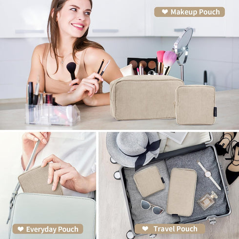 MAGEFY Makeup Bag for Purse, 2 Pcs Corduroy Cosmetic Bag for Girls Women, Small Travel Pouch with Zipper (Beige)