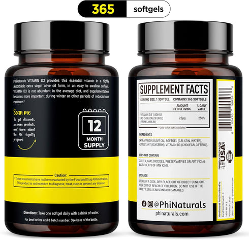 Vitamin D3 1000 IU Softgels, 365 Count, High Potency Vit D 3 Pills for Immune Support & Mood