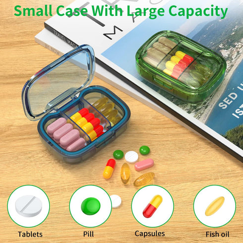 2 Pack 3 Compartment Small Pill Box, Moisture Proof Travel Pill Organizer for Pocket Purse, Daily Portable Medicine Box