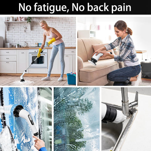 IPX7 8 Cordless Electric Spin Scrubber - Waterproof, LCD Display, Brush Heads, Adjustable Extension Handle, for Shower