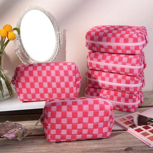 Checkered Makeup Bag, Preppy Bulk Pink Cosmetic Pouch, Personalize Travel Toiletry Organizer for Women