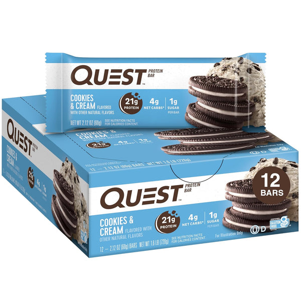 Quest Nutrition Cookies & Cream Protein Bars - 21g Protein, 1g Sugar, 4g Net Carb, Gluten Free, Keto Friendly, 12 Count