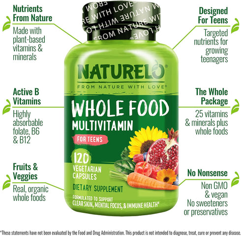 NATURELO Whole Food Multivitamin for Teens - Vitamins & Minerals for Teenage Boys & Girls, Non-GMO, Vegan & Vegetarian