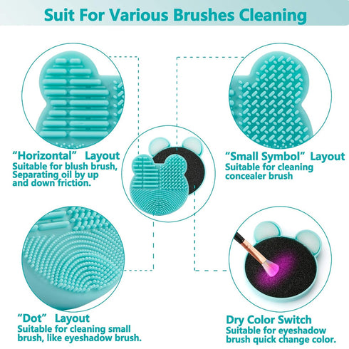 TailaiMei 2 Pack Makeup Brush Cleaning Mat with Color Removal Sponge, 2 in 1 Silicone Cleaner Pad, Blue & Green