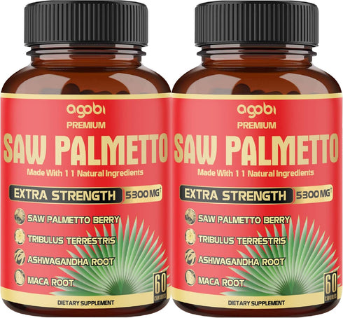 2 Packs Saw Palmetto Capsules 5300 mg - 60 Counts - 11in1 with Ashwagandha, Turmeric, Tribulus, Maca & More