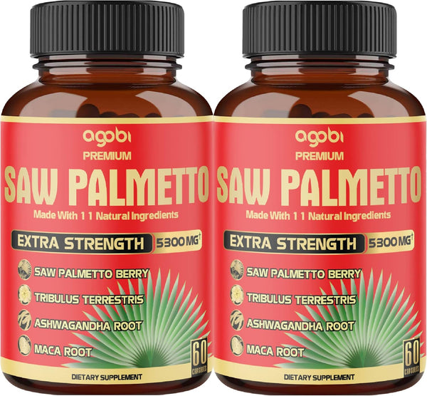 2 Packs Saw Palmetto Capsules 5300 mg - 60 Counts - 11in1 with Ashwagandha, Turmeric, Tribulus, Maca & More