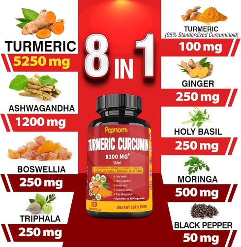 Turmeric Curcumin Capsules - 8100mg, 150 Pills for Immune, Joint, Digestive Support with Ashwagandha