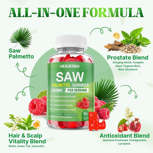 Gummies 600mg 60 Counts Saw Palmetto Saw Palmetto Supplement with Pumpkin Seed Oil, Biotin, Prostate Health Supplements