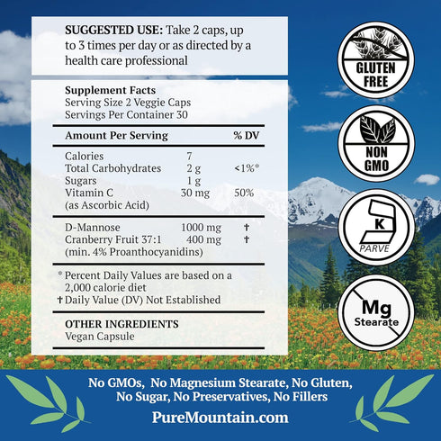 Pure Mountain Botanicals Cranberry D Mannose Capsules - 60 Kosher Vegan Caps, 1000mg