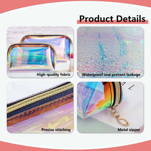 Holographic Makeup Bag, Iridescent Cosmetic Pouch, Clear Waterproof Portable Travel Toiletry Organizer Bag for Women