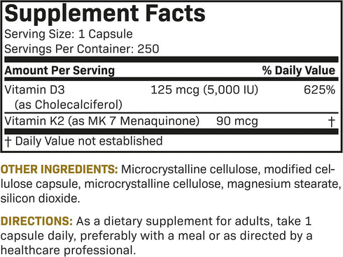 Futurebiotics Vitamin K2 (MK7) with D3 Supplement, 5000 IU Vitamin D3 & 90 mcg Vitamin K2 MK-7, 250 Capsules