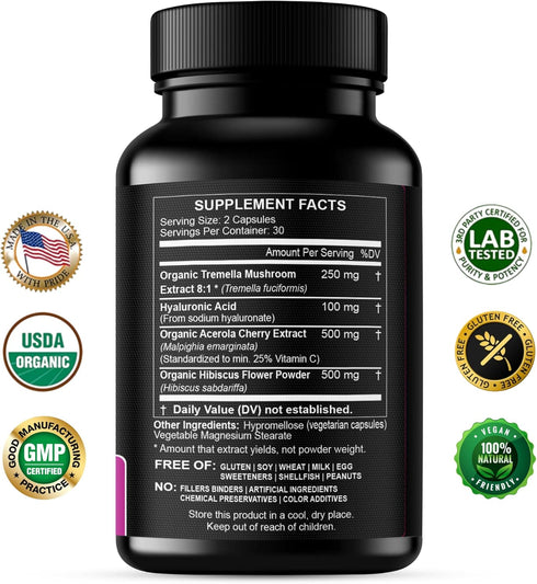 Natural Hyaluronic Acid Supplement, 5X Stronger Hydration Pills from Pure Tremella Mushroom with Vitamin C & Hibiscus