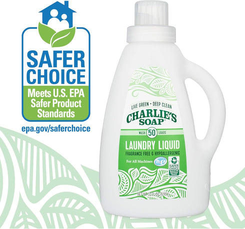 Charlie's Soap Fragrance Free Laundry Liquid, 50 Loads, One 50-Load Bottle.