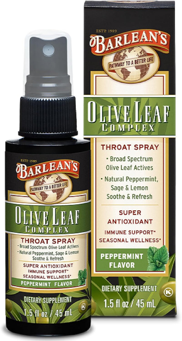 Barlean's Olive Leaf Complex Throat Spray with Peppermint, Lemon, & Sage for Immune Support, 1.5 oz Liquid Extract