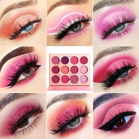 Pink Eyeshadow Palette, 12 Colors Peach Matte & Shimmer, Highly Pigmented Mini Makeup for Women and Girls
