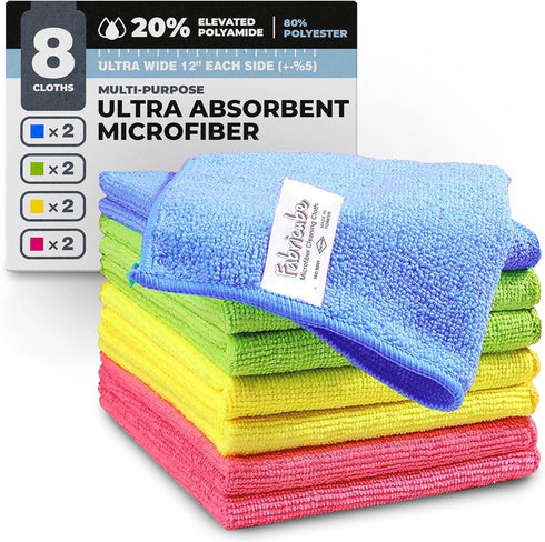 Turkish Microfiber Cleaning Cloth of 4 Colors, Pack of 8, 20% Polyamide for Elevated Liquid Suction