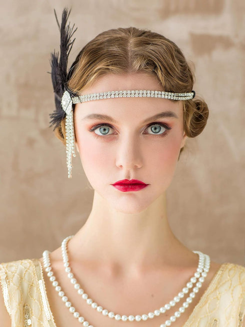 SWEETV Flapper Headbands - Womens 1920s Inspired Feather Headband, Great Gatsby Cocktail Party Rhinestone Hair