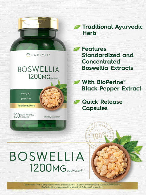 Carlyle Boswellia Extract Capsules 1200mg - 250 Count, Non-GMO, Gluten Free, Boswellia Serrata Complex
