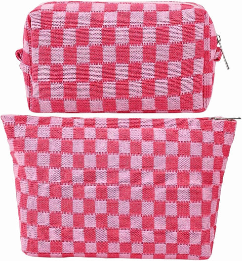 2-Pack Makeup Bag for Women, Large Checkered Knitted Cosmetic Bags & Small Pouch, Travel Toiletry Bag (Pink)