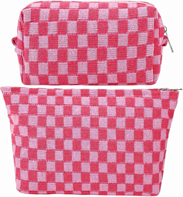 2-Pack Makeup Bag for Women, Large Checkered Knitted Cosmetic Bags & Small Pouch, Travel Toiletry Bag (Pink)