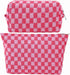 2-Pack Makeup Bag for Women, Large Checkered Knitted Cosmetic Bags & Small Pouch, Travel Toiletry Bag (Pink)