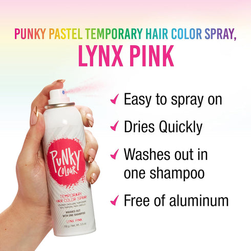 Punky Temporary Hair Color Spray, Lynx Pink, Fast-Drying, Non-Sticky, Travel Size Hair Dye, 3.5 oz