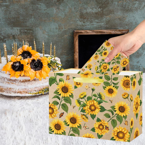 SUNDECO Large Sunflower Gift Bag with Yellow Tissue Paper and Greeting Card, Sunflower Wrapping Paper for Women, Girl