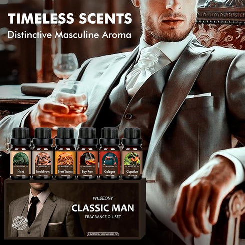 Classic Man Fragrance Oils Set, Mens Essential Oils Set - Pine, Sweet Tobacco, Bay Rum, Cologne, Sandalwood