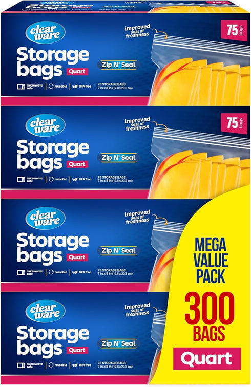 Double Zipper Storage Bags, Quart Size, 300 Count (4 Packs of 75), Reusable Thick Food Storage Bags, Microwave-Safe