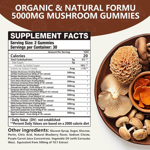Vemluta 2 Packs 5000MG Gummies -10 Immune 120 Counts Mushroom Blend Organic Mushroom Supplement containing Lion's Mane