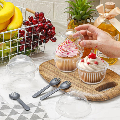 Jingmore 150 Pack 8.45 oz Fruit Cups with Lid Clear Plastic Cups with Dome Lids and Spoons Business Clear Dessert Mini