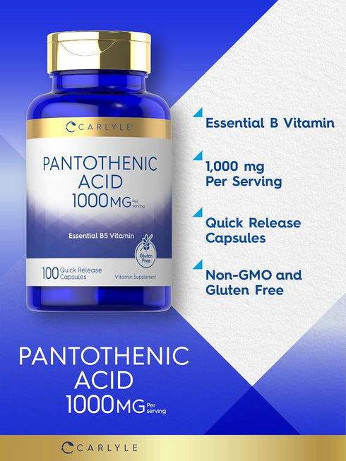 Carlyle Pantothenic Acid | 1000mg | 100 Capsules | Essential B5 Vitamin, Non-GMO, Gluten Free Supplement