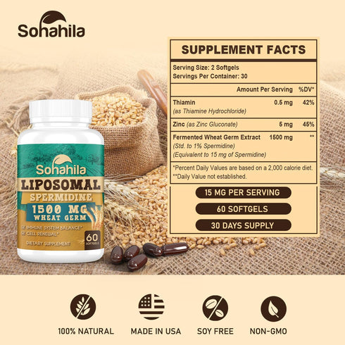 Spermidine Supplement 15 MG, 99% Purity, 1500 mg Fermented Wheat Germ Extract, 60 Softgels