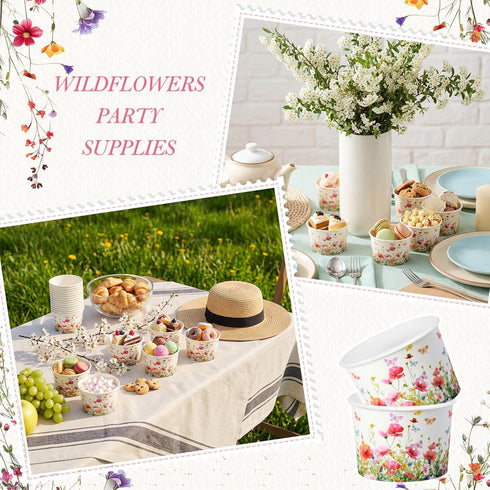 Maxdot 50 9oz Pcs Wildflower Ice Cream Paper Cups Spring Disposable Snack Cups Decorative Butterfly Paper Dessert Bowls