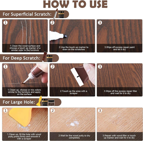 SEISSO Wood Furniture Repair Kit, 12 Colors Wood Fillers, Touch Up Markers, Beeswax, for Stains, Scratches, Cracks