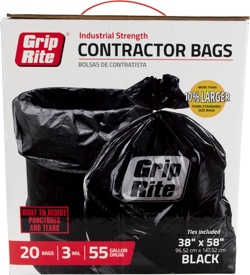 Grip-Rite GRHDC55BAG20 Heavy Duty Black Contractor Bags, 55 Gallon, 38" x 58", 20 Count