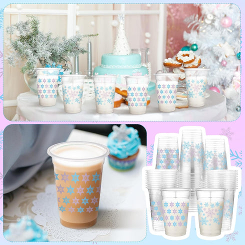 Havawish 100 16 oz Pcs Blue Winter Snowflake Plastic Cups Disposable Clear Cups Coquette Bow Snowflake Theme