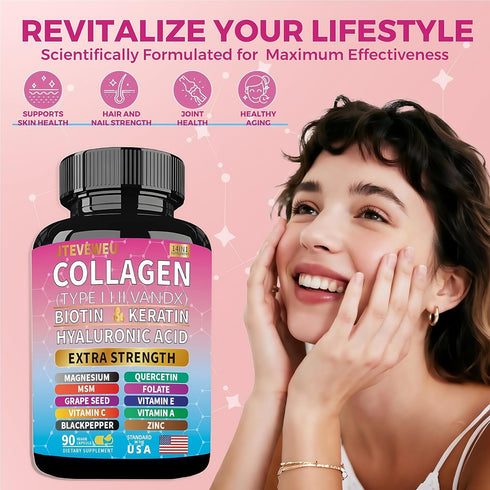 JTEVEweu 13+ 90 Collagen Supplement - Type I, II, III, V and X - with Biotin, Keratin, Hyaluronic Acid & Extra Strength