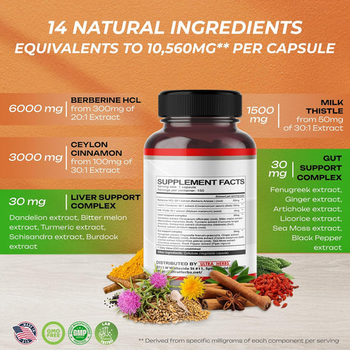 Premium Berberine 12,200MG with Cinnamon, Milk Thistle, USA Made, Promotes Liver Function, Gut Health (150 Count)