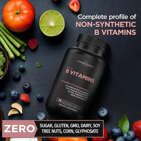 Livingood Daily Vitamin B Complex Capsules - Vegan B-Complex Supplement for Nervous System & Cognitive Health, 30