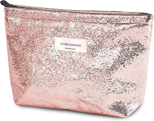 Makeup Bag Cosmetic Bag - Preppy Canvas Toiletry Organizer for Women, Cute Zipper Pouch (Shiny Pink)