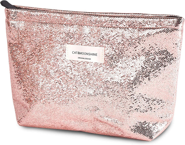 Makeup Bag Cosmetic Bag - Preppy Canvas Toiletry Organizer for Women, Cute Zipper Pouch (Shiny Pink)