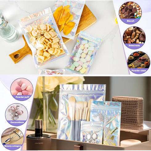 Resealable Foil Pouch Mylar Sample Bag, 5.5x7 inch Holographic Packaging Bags, Great for Small Business and Party Favor