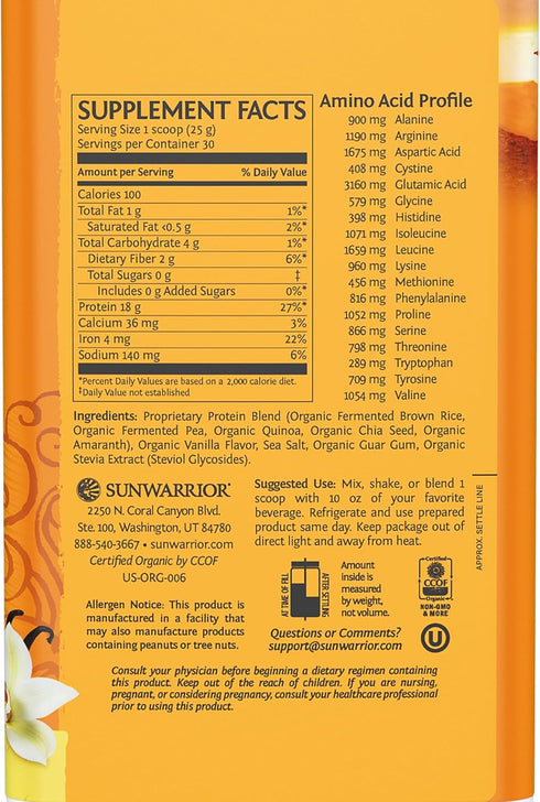 Sunwarrior Vegan Organic Protein Powder - Plant-Based | 5 Superfood Quinoa Chia Seed, Vanilla 30 Servings