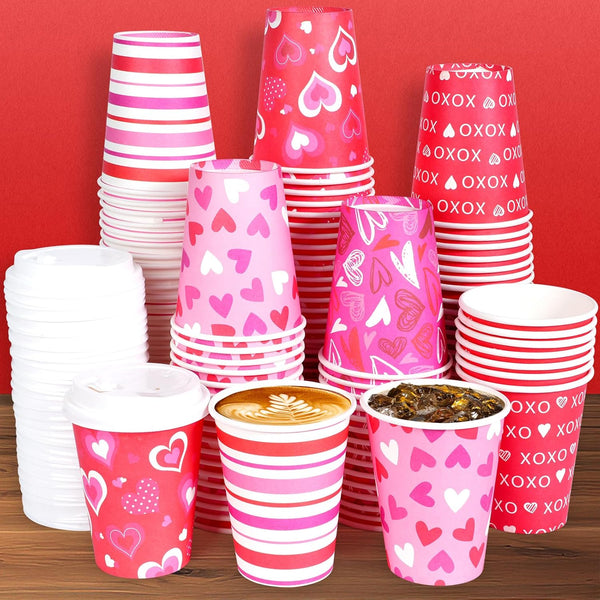 Pascliyna 100 Set Valentines Disposable Coffee Cups with Lids 12oz, Pink Heart Print