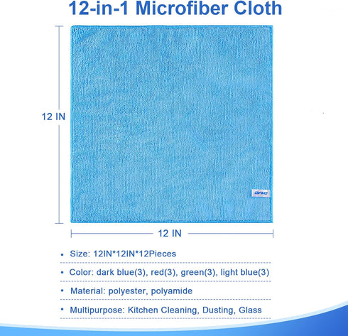ovwo 12Pcs Premium Microfiber Cleaning Cloth, Highly Absorbent Household Cleaning Supplies - for Kitchen Towels, Dish